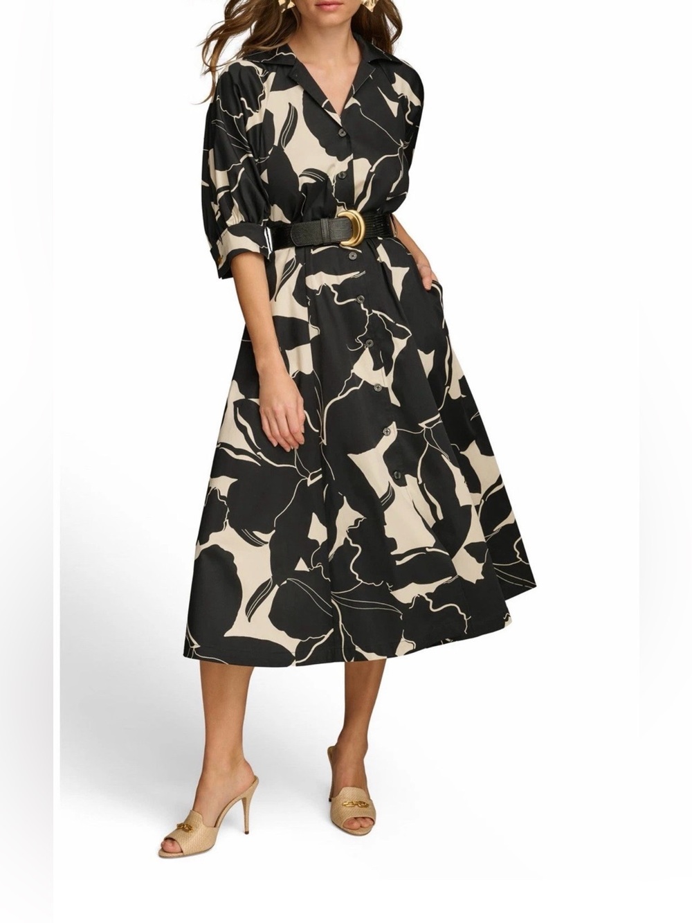 New Donna Karan New York Floral Stretch Cotton Midi Shirtdress Sz 10 $179